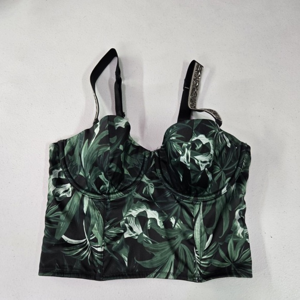Victoria's‎ Secret Women Bra 32D Green Rhinestone Floral Very Sexy Corset